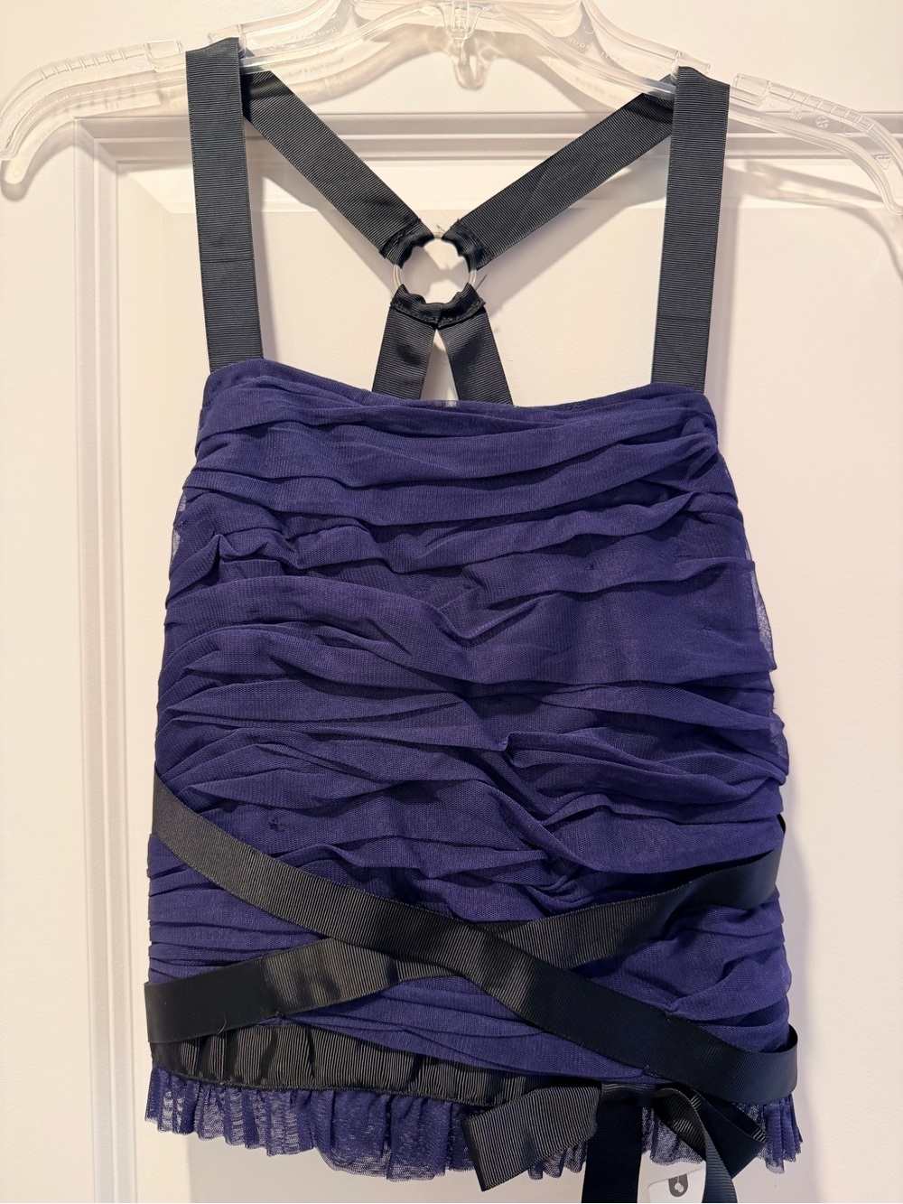 Anthropologie Purple Ruffled Camisole with Black Ribbon Straps